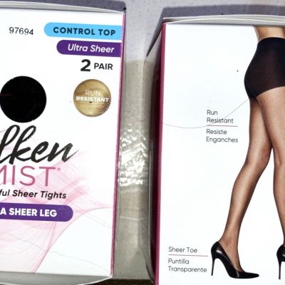 2 PAIR L'EGGS SILKEN MIST - CONTROL TOP - ULTRA SHEER TIGHTS - SZ B - JET BLACK